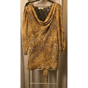 Shira P Womens 1X Cheetah Print Cowl Neck Lace Back Tie Waist Blouse Brown Tan